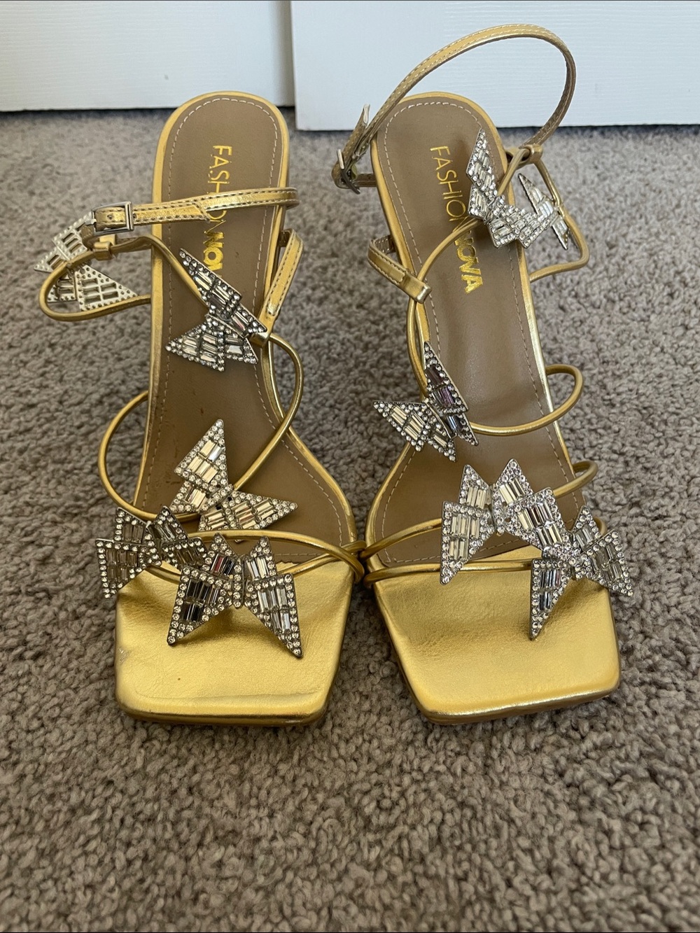 Fashion Nova Gold Butterfly Embellished Strappy Heels